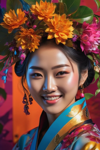 Retrato de una joven y hermosa mujer japonesa coreana sonrisa cara feliz moda chica asiática