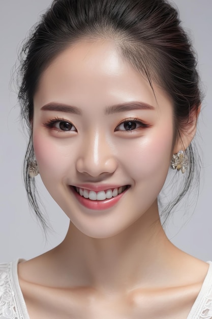 Retrato de una joven y hermosa mujer japonesa coreana sonrisa cara feliz moda chica asiática