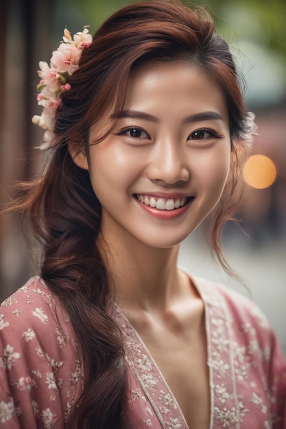 Retrato de una joven y hermosa mujer japonesa coreana sonrisa cara feliz moda chica asiática