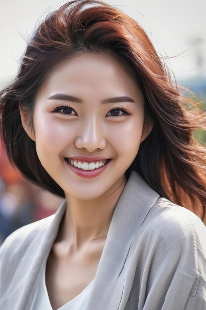 Retrato de una joven y hermosa mujer japonesa coreana sonrisa cara feliz moda chica asiática