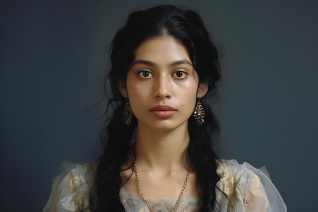 Retrato de una joven hermosa mujer morena en un vestido blanco