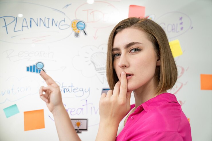 Foto retrato de una joven y hermosa mujer de negocios caucásica pensando en una idea creativa de estrategia de marketing frente a una pizarra con mapa mental y notas adhesivas coloridas brazo barbilla closeup inmaculada