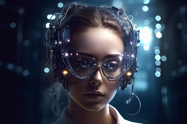 Retrato de una joven y hermosa mujer robot con equipos electrónicos y gafas en la cabeza.