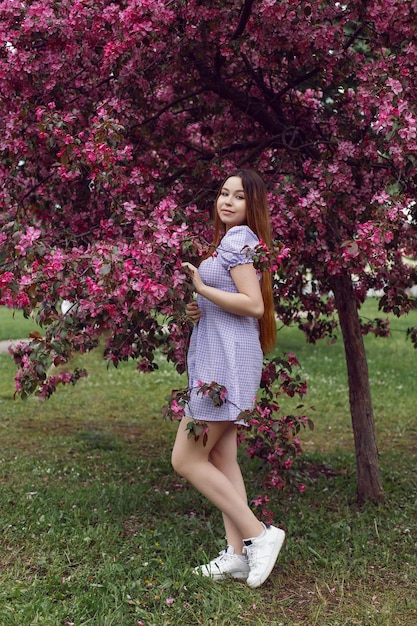 Retrato joven hermosa niña adolescente en un vestido morado se encuentra junto a un manzano rosa floreciente