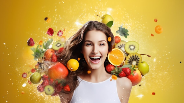 Retrato de una joven hermosa rodeada de frutas