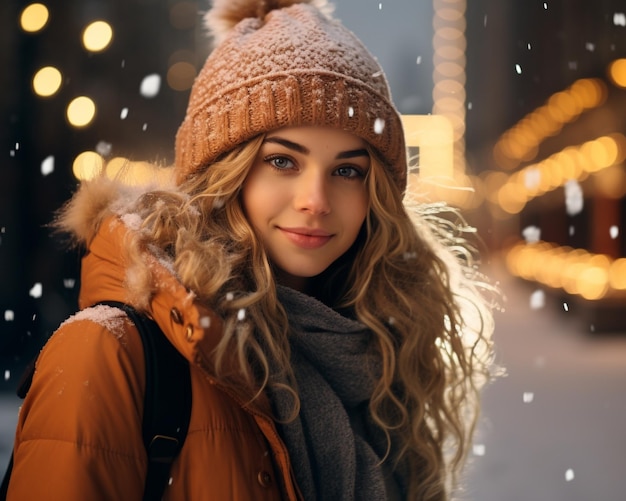 Retrato de una joven hermosa con un sombrero en una ciudad de noche de invierno