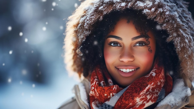 Retrato de una joven hermosa y sonriente chica afroamericana en una chaqueta con el telón de fondo de un wi