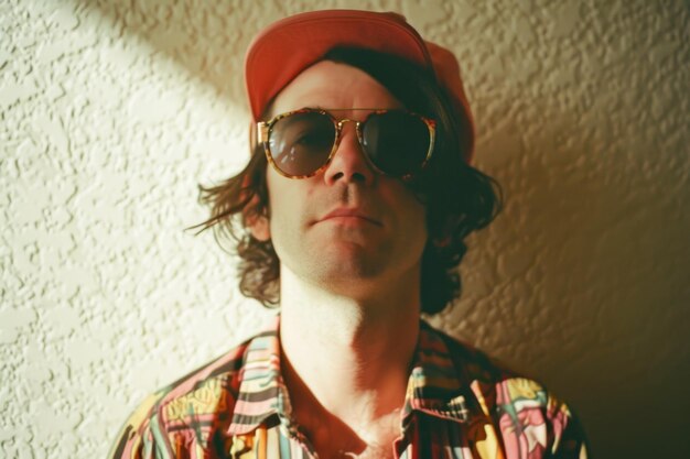 Foto retrato de un joven hipster con gorra roja y gafas de sol