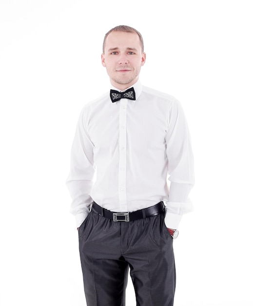 Foto retrato, de, un, joven, hombre de negocios, aislado, blanco