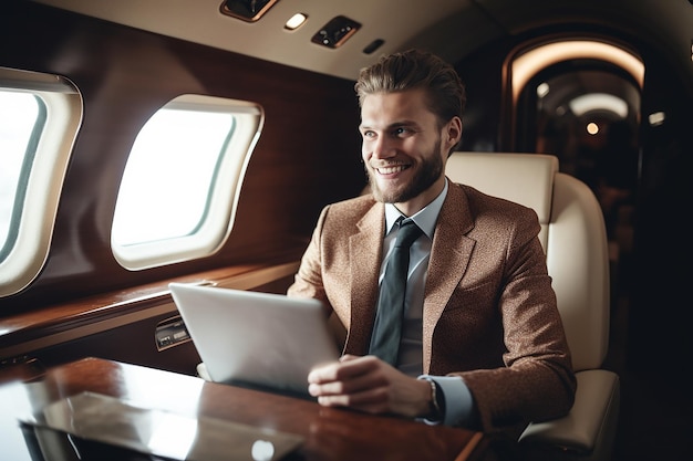 Retrato de un joven hombre de negocios sonriente escribiendo en una laptop en un avión privado de lujo IA generativa