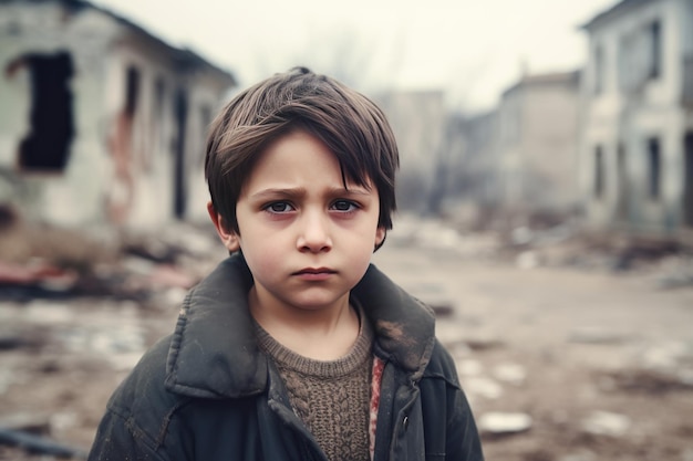 Retrato de un joven huérfano solo y triste en medio de la devastación de la guerra y la pobreza Guerra de Ucrania