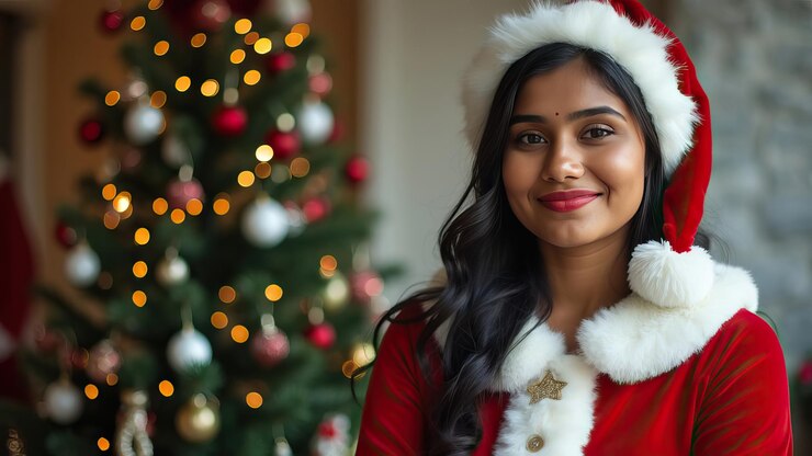 retrato de una joven india hermosa chica sonriendo posando en traje de Santa blanco rojo interior bokeh