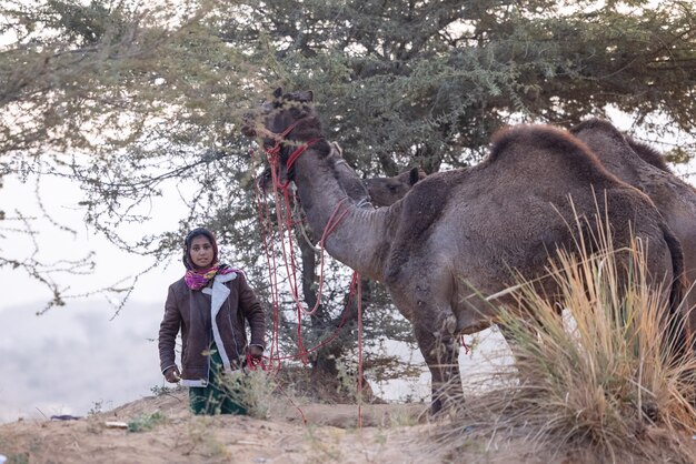 Retrato de una joven india de Rajasthani en un colorido vestido tradicional llevando un camello en Pushkar