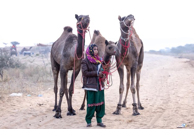Foto retrato de una joven india de rajasthani en un colorido vestido tradicional llevando un camello en pushkar