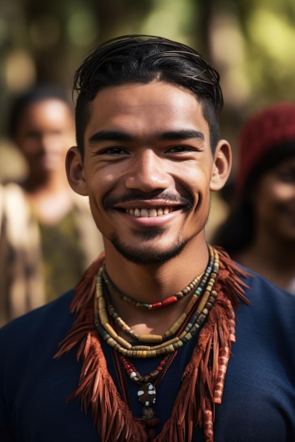 Foto retrato de un joven indígena sonriente de pie frente a sus colegas