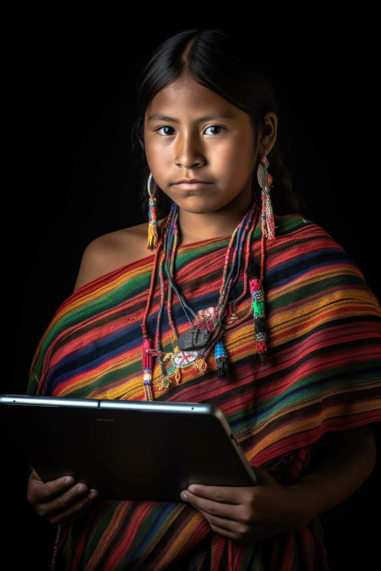Retrato de una joven indígena sosteniendo una tableta digital