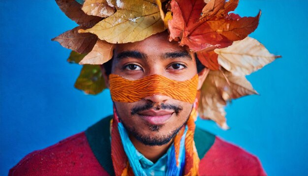 Retrato de un joven indio con una corona de hojas de otoño