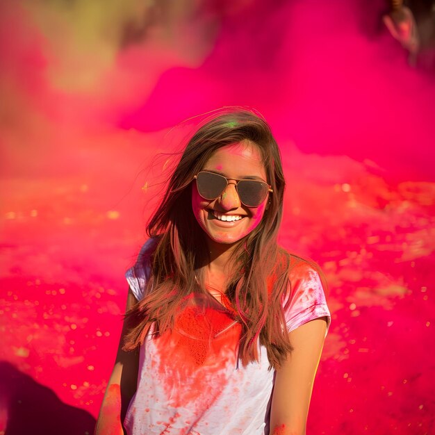 Foto retrato de un joven indio disfrutando del colorido polvo en el festival de holi en la india