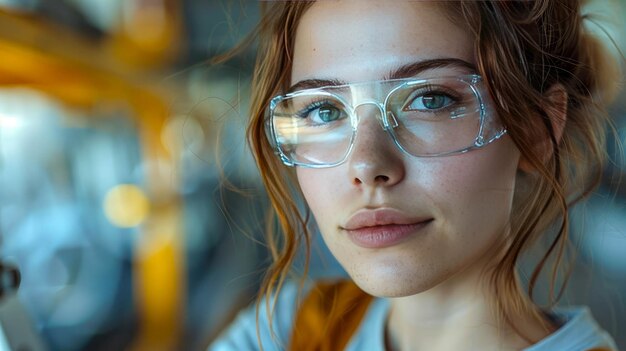 Retrato de una joven ingeniera en una fábrica mirando a la cámara