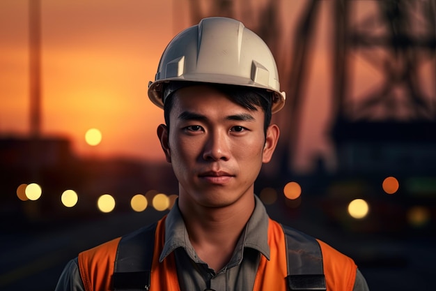 retrato de un joven ingeniero asiático en un sitio de construcción con el sol poniéndose en el fondo