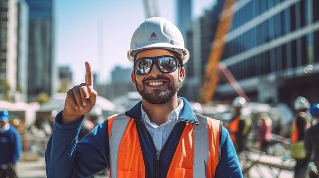 retrato de un joven ingeniero de construcción en el signo de victoria del PPE en un sitio de construcción alto