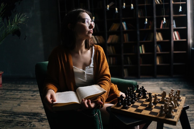 Retrato de una joven inteligente con anteojos elegantes leyendo un libro sentado en un sillón en una biblioteca oscura en el fondo de una librería