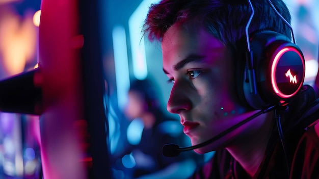 Retrato de un joven jugador masculino con auriculares y mirando la pantalla de la computadora