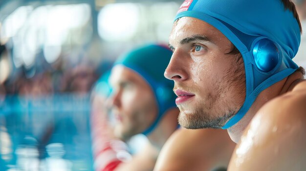 Foto retrato de un joven jugador de waterpolo con una gorra azul que mira hacia otro lado de la cámara