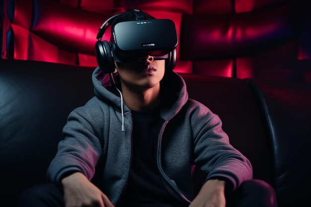 Retrato de un joven jugando con auriculares de realidad virtual mientras está sentado en un club de juegos
