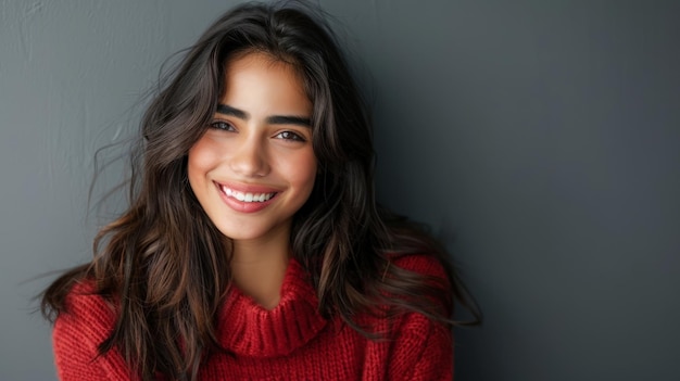 Retrato de una joven latina feliz aislada en una pared gris con espacio para copiar una mujer hispana despreocupada sonriendo y mirando a la cámara