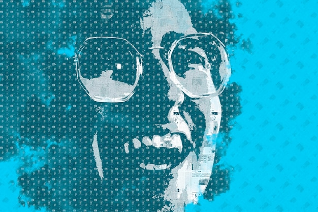 Retrato de joven latino sonriente con gafas con fondo azul, concepto de alegría