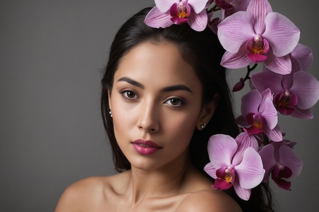 Un retrato de una joven latinoamericana con orquídeas exóticas