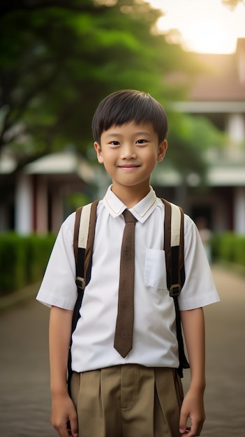 Retrato de un joven lindo con uniforme escolar sosteniendo un ramo de flores en un parque IA generativa