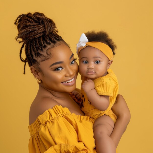 Retrato de una joven madre sonriente con su bebé sobre un fondo amarillo