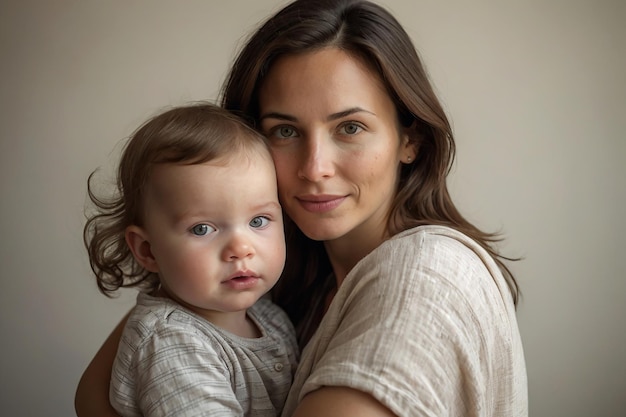 Retrato de una joven madre con su bebé en un estudio