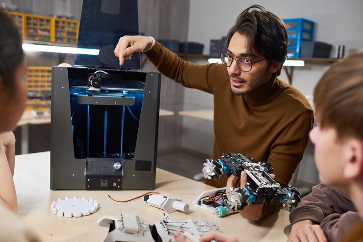 Foto retrato de un joven maestro mostrando tecnología de impresión 3d a niños en clase de robótica en la escuela