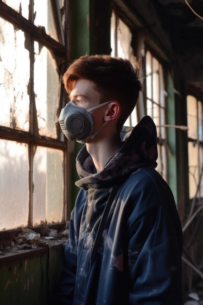 Retrato de un joven con una máscara mirando un edificio abandonado