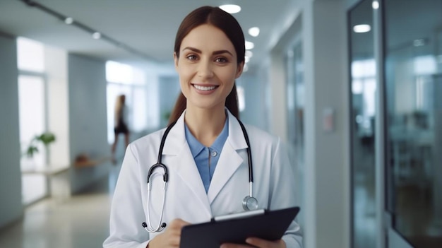 Foto retrato de una joven médica feliz de pie en el pasillo del hospital y escribiendo un informe médico sobre