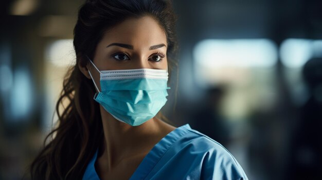 Foto retrato de una joven médica con una máscara