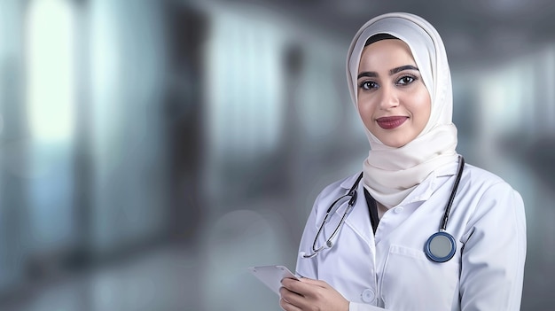 Retrato de una joven médica musulmana de pie en el pasillo del hospital vestida con un hijab