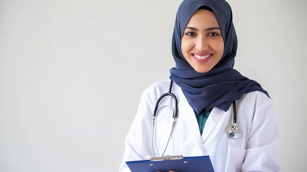 Retrato de una joven médica musulmana de pie en el pasillo del hospital vestida con un hijab