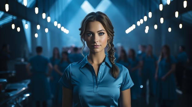 retrato de una joven médica en uniforme mirando en el pasillo por la noche