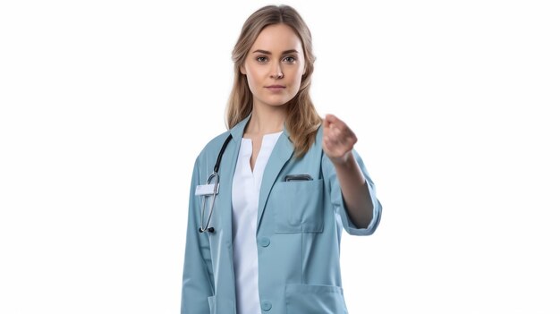 Retrato de un joven médico en el espacio del hospital para el texto Servicio médico de fondo blanco