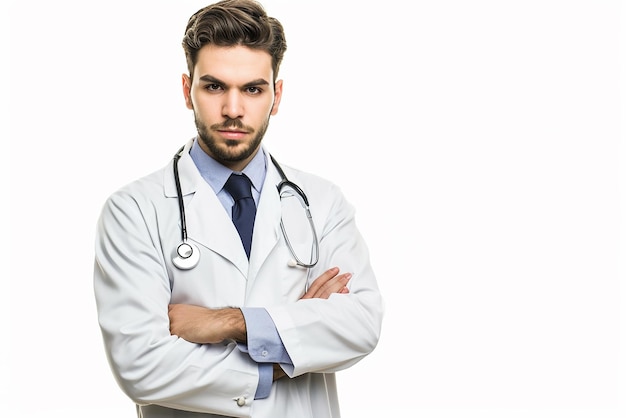 Retrato de un joven médico feliz con el brazo cruzado sobre fondo blanco aislado