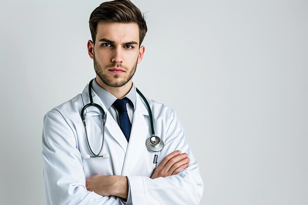 Retrato de un joven médico feliz con el brazo cruzado sobre fondo blanco aislado