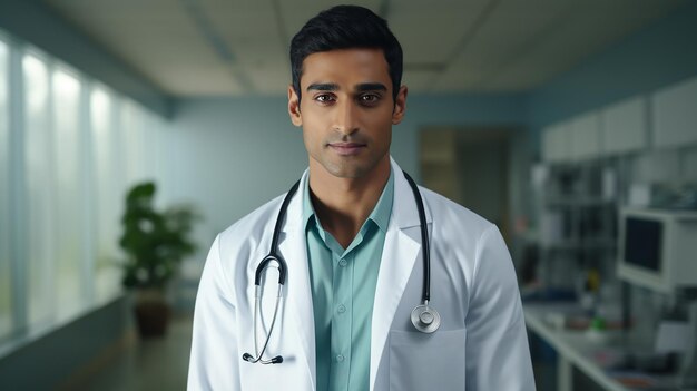 Retrato de un joven médico indio con un estetoscopio en el hospital