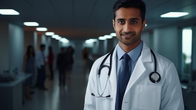 Retrato de un joven médico indio en una oficina moderna