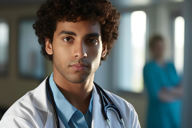 Foto retrato de joven médico masculino con estetoscopio en el pasillo del hospital