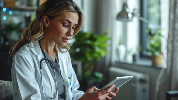 un retrato de un joven médico usando una tableta digital