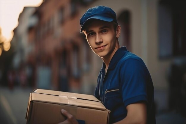 Retrato de un joven mensajero feliz y agradable con una camiseta polo azul y una gorra con una caja de paquetes en sus manos al aire libre AI generativa